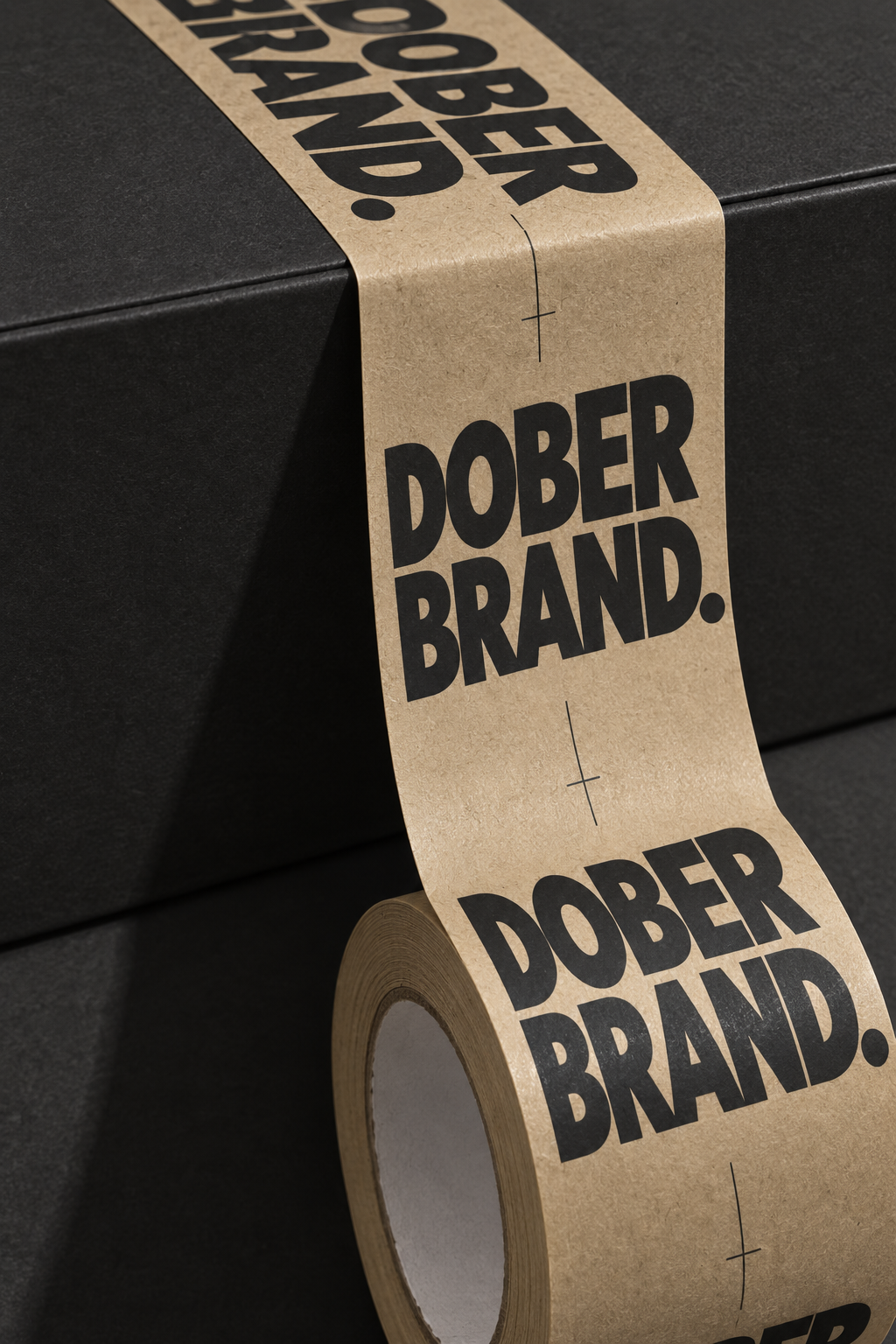 Cinta kraft impresa con el logotipo DOBERBRAND sobre una caja negra